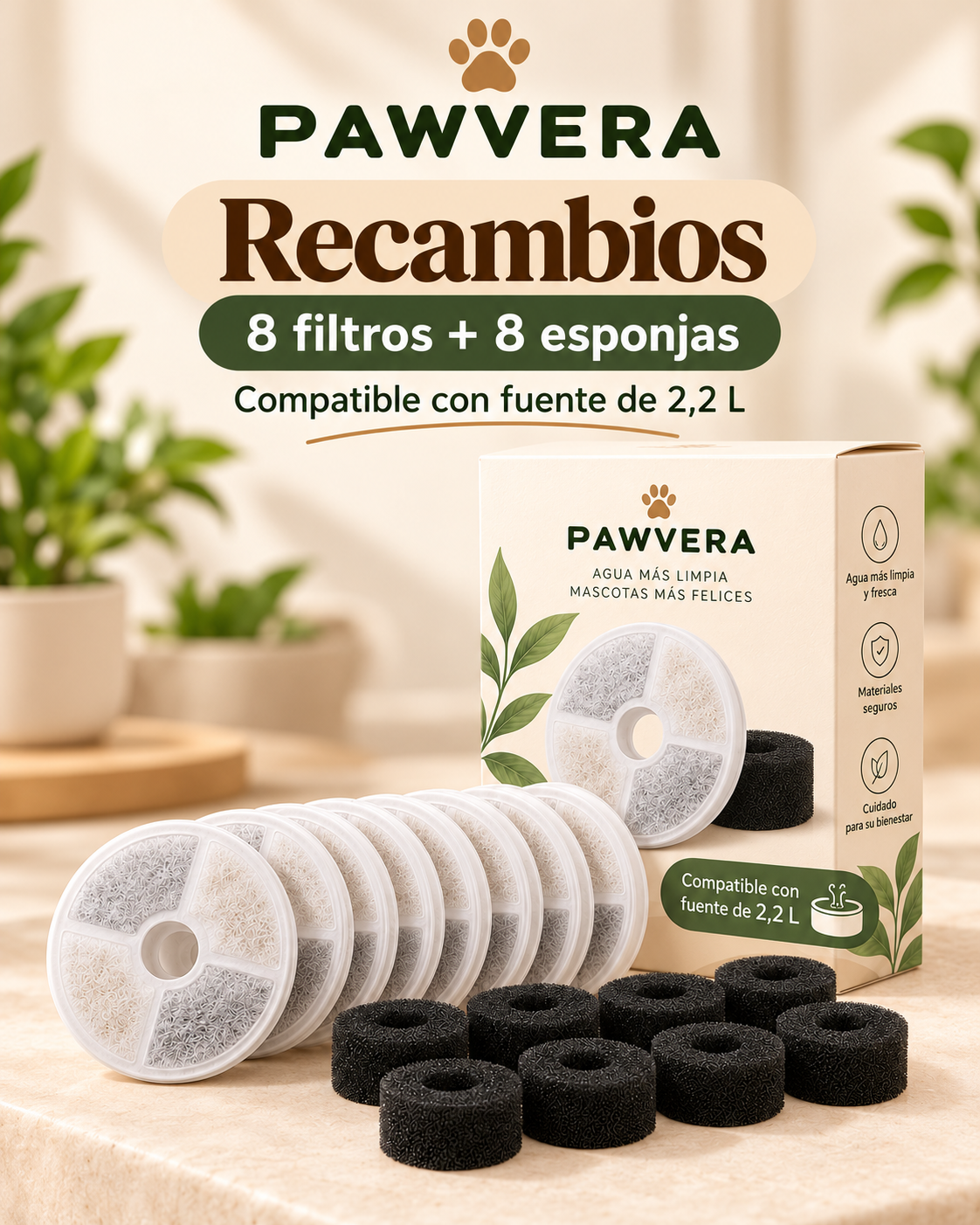 Pawvera · Recambios: 8 filtros + 8 esponjas
